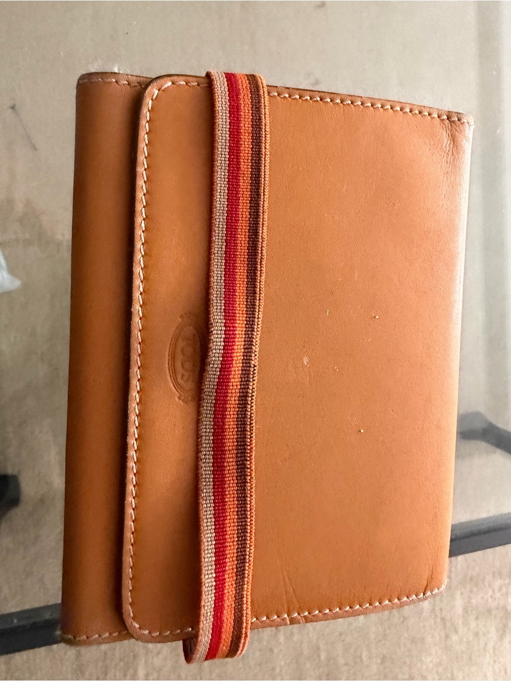 Tod's Tan Leather Wallet with Red-Orange Striped Elastic
